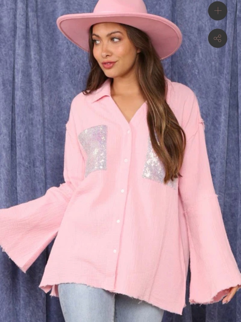 Fantastic Fawn Pink Button-Up Top with Sequin Pockets long Sleeves